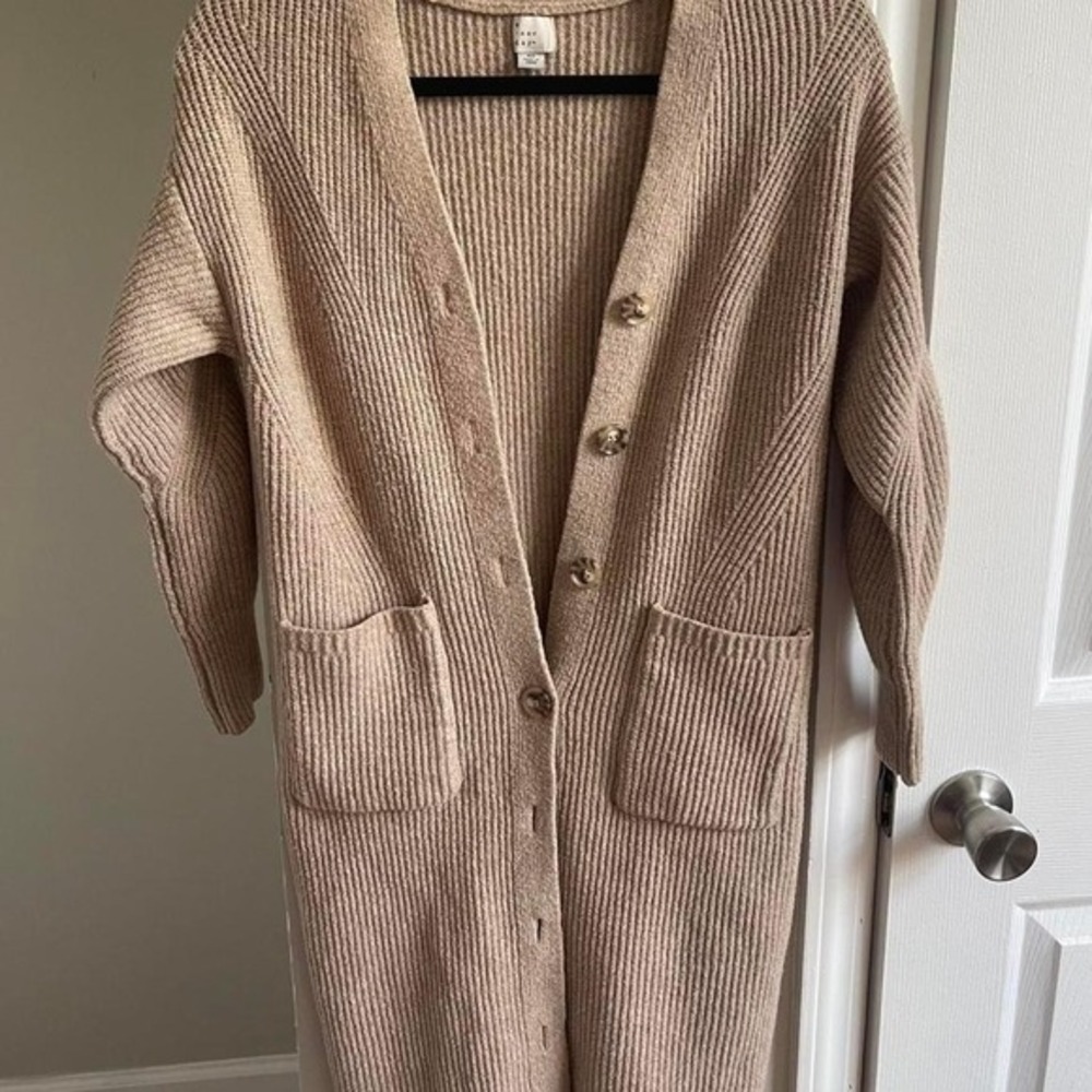 A New Day Womens Tan Beige Ribbed Knit Longline Button Front Cardigan Sweater XS
